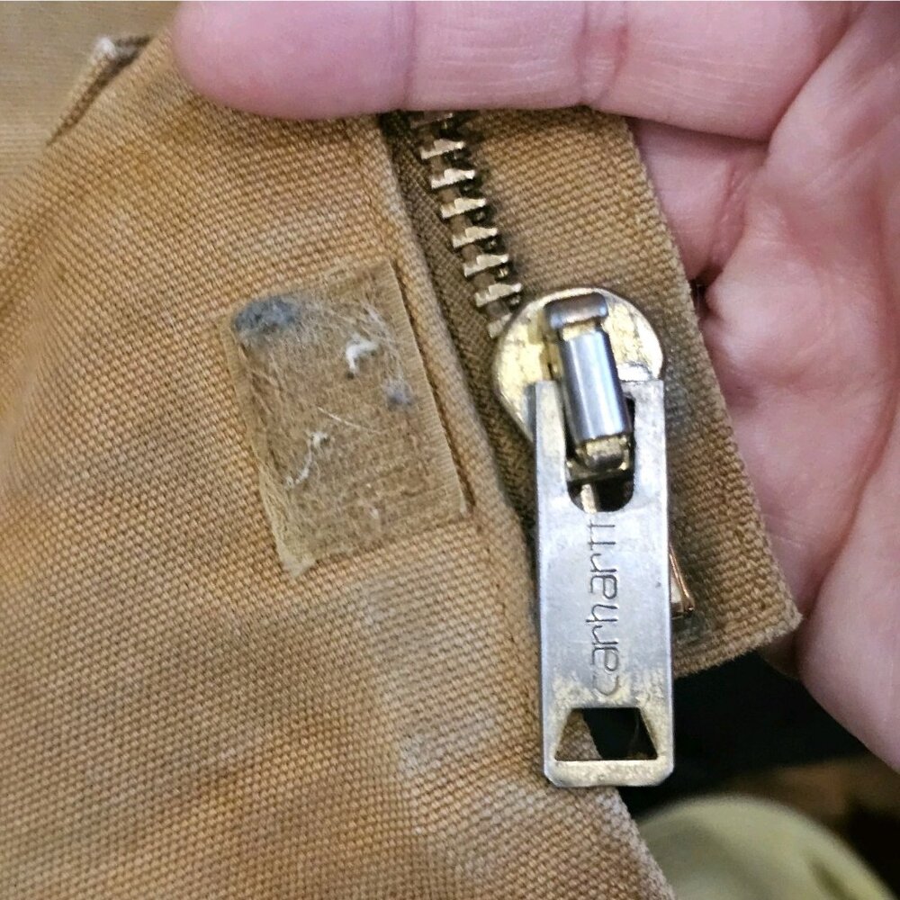 VTG CARHARTT Chore Coat Hooded Tan Canvas CQ196 Sz 42 Tall Large‎ Broke Zipper - Picture 11 of 16